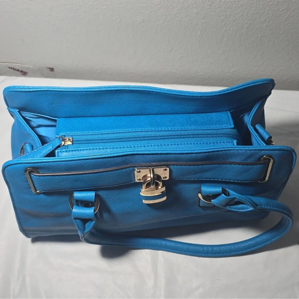 Call It Spring Cobalt Blue Saffiano Faux Leather Satchel Tote Bag Padlock Gold